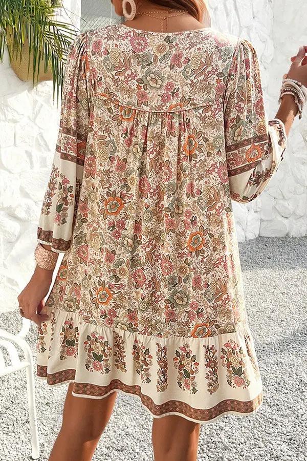 Womens Casual Dress with Bohemia Print V-Neck
