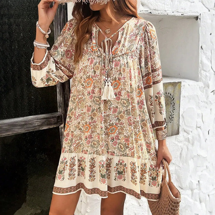 Womens Casual Dress with Bohemia Print V-Neck