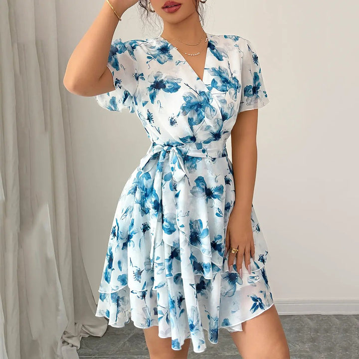 Womens Casual Dress with Printed Fabric and Tie Waist