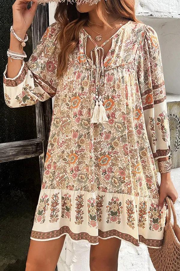 Womens Casual Dress with Bohemia Print V-Neck