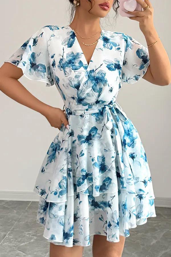 Womens Casual Dress with Printed Fabric and Tie Waist - BritishMode