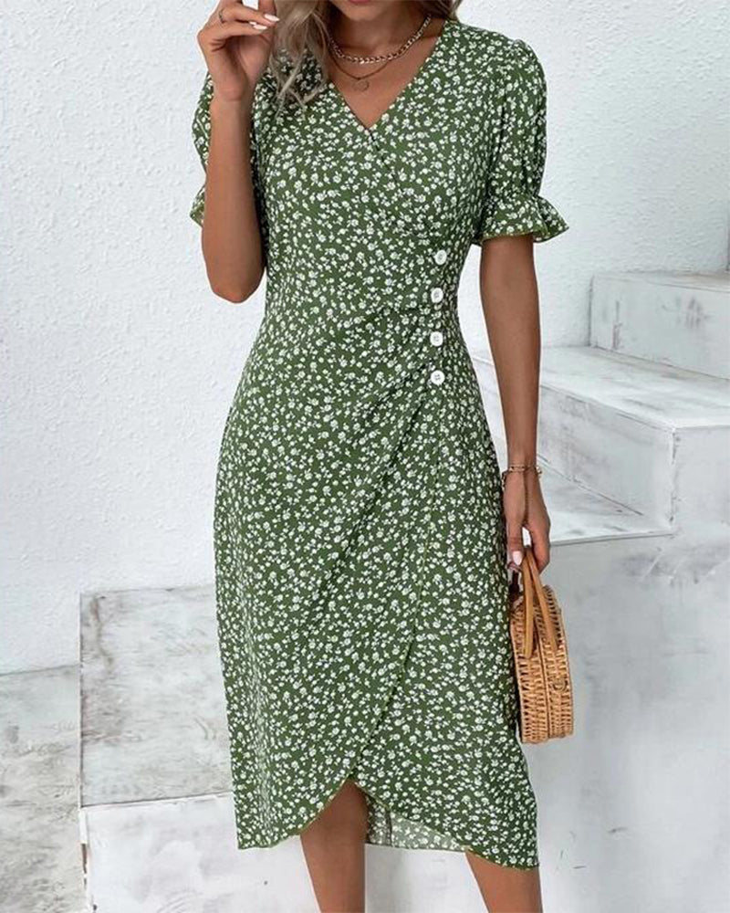 Womens Summer Dress Floral Pattern Short Sleeve Button Front - BritishMode