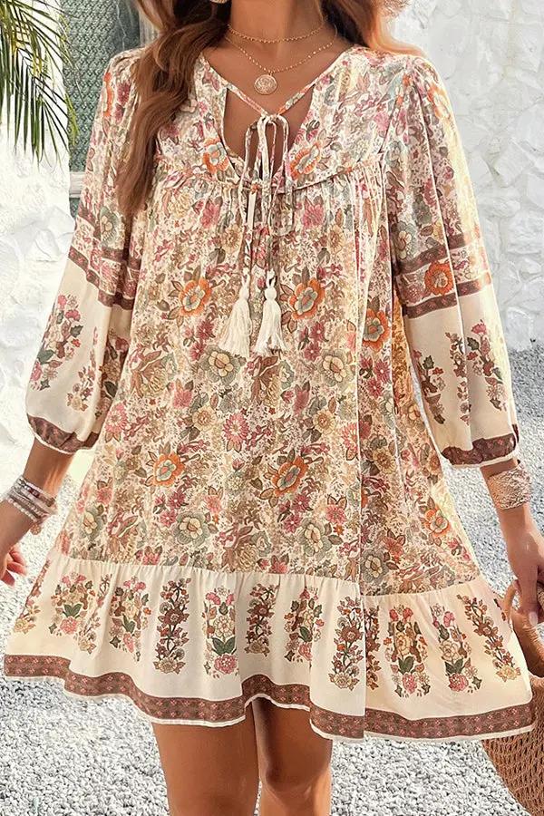 Womens Casual Dress with Bohemia Print V-Neck