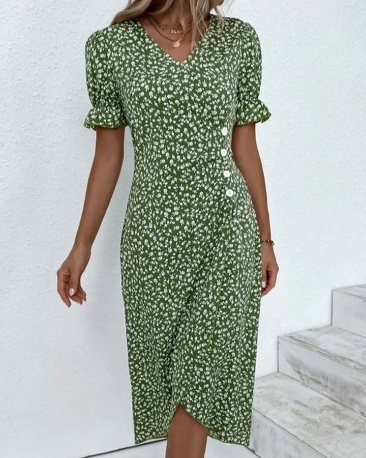 Womens Summer Dress Floral Pattern Short Sleeve Button Front