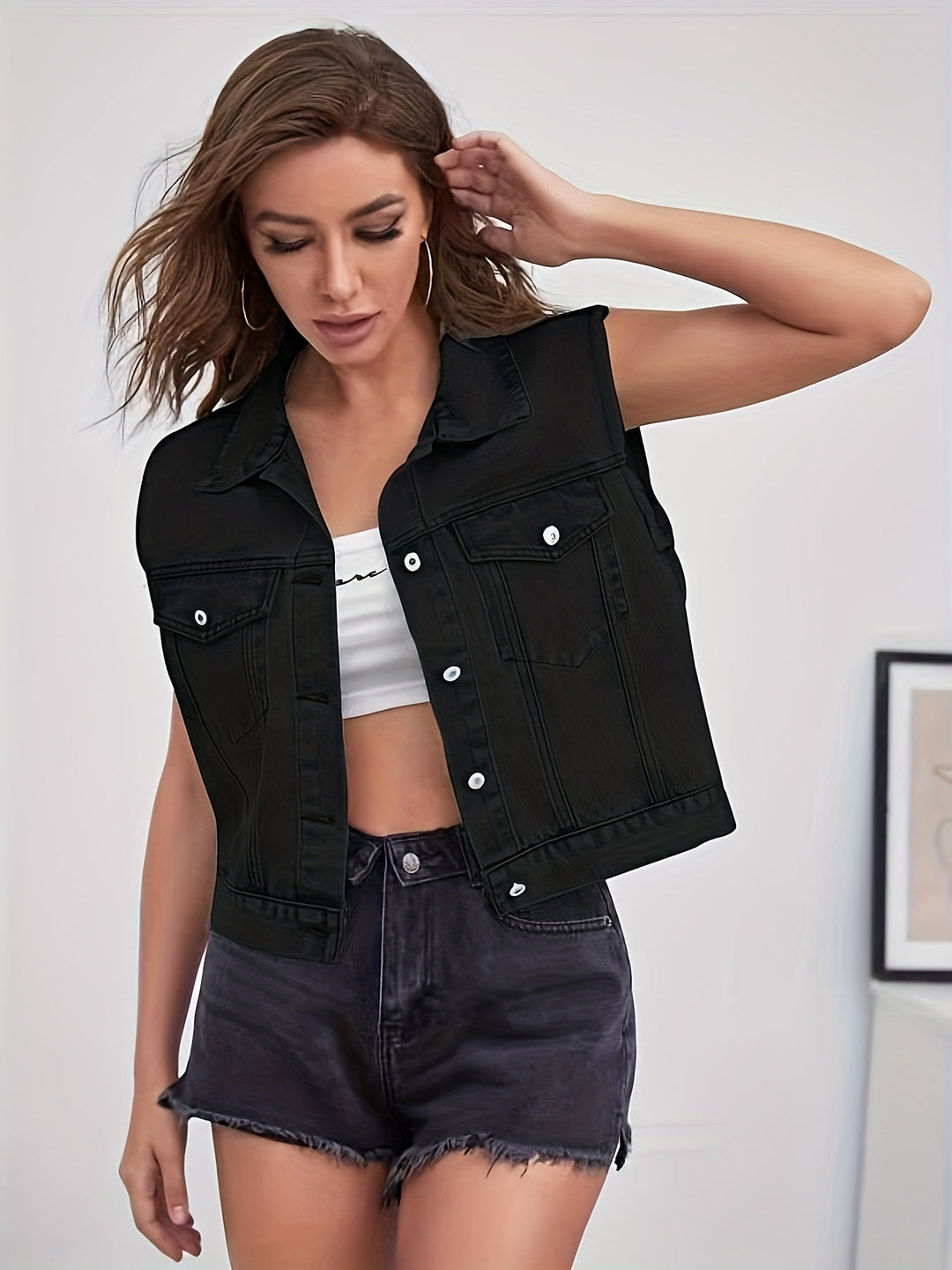Womens Sleeveless Denim Jacket with Flap Pockets - BritishMode