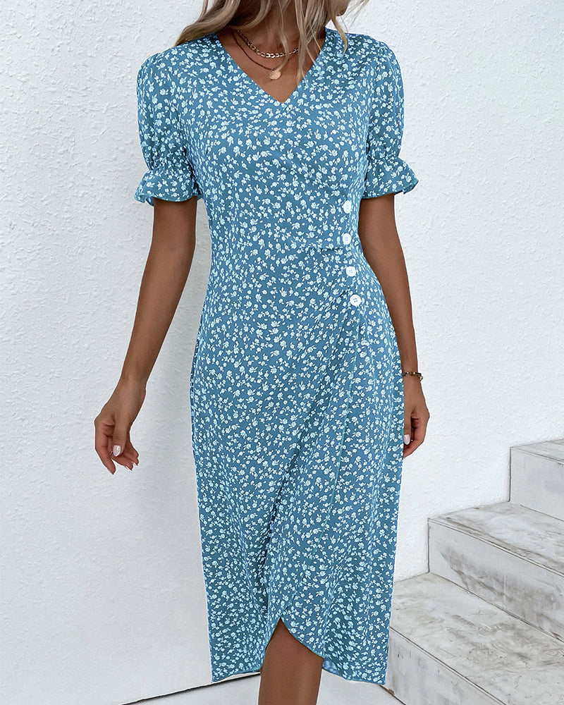 Womens Summer Dress Floral Pattern Short Sleeve Button Front