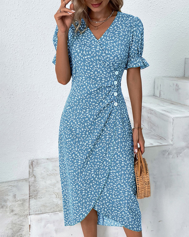 Womens Summer Dress Floral Pattern Short Sleeve Button Front