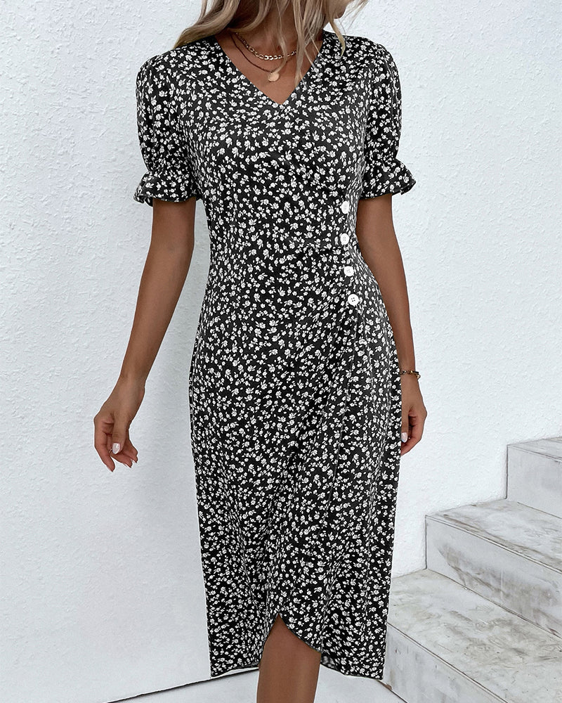 Womens Summer Dress Floral Pattern Short Sleeve Button Front