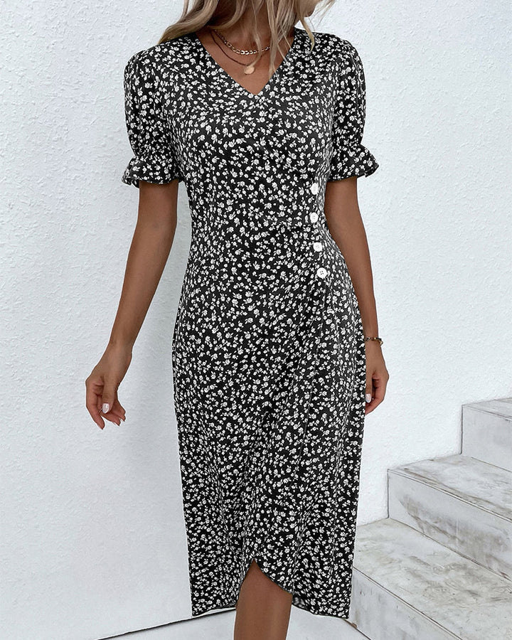 Womens Summer Dress Floral Pattern Short Sleeve Button Front