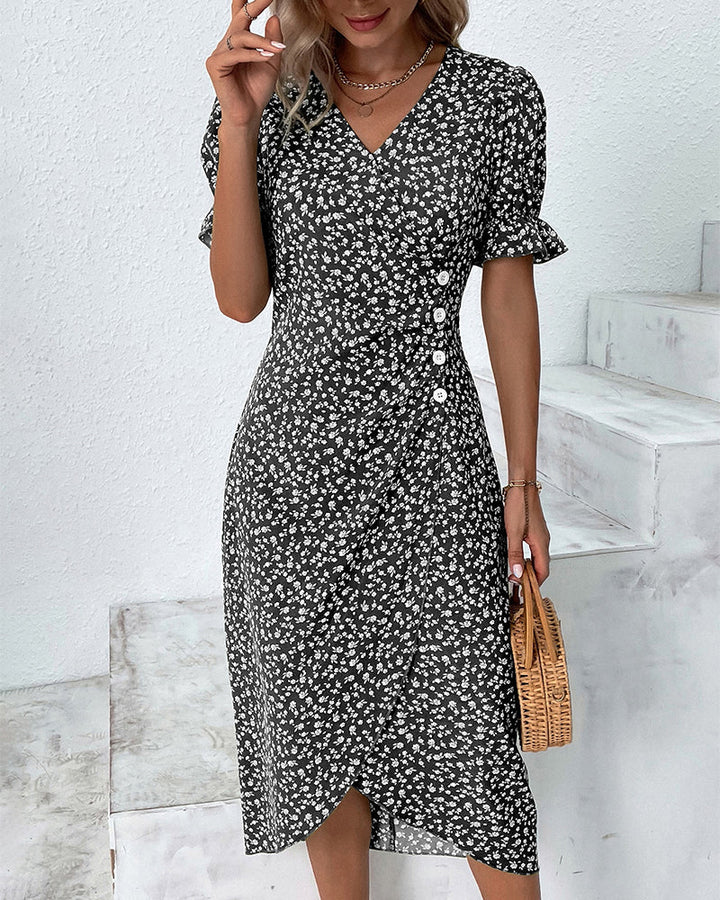 Womens Summer Dress Floral Pattern Short Sleeve Button Front