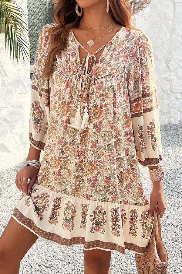 Womens Casual Dress with Bohemia Print V-Neck
