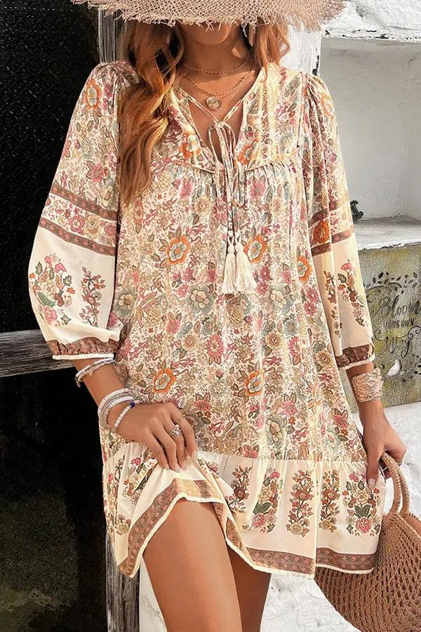 Womens Casual Dress with Bohemia Print V-Neck - BritishMode