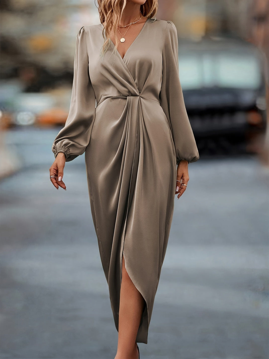 Womens Evening Dress V-Neck Long Sleeve Elegant Fit
