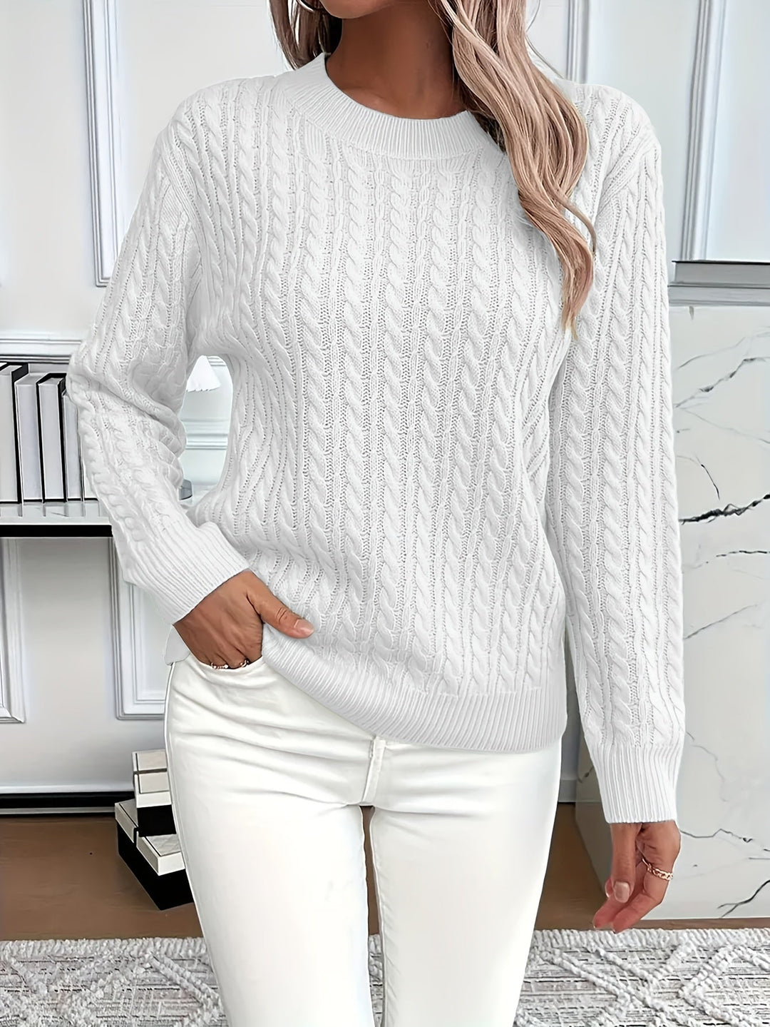 Womens Knitted Sweater Cable Pattern Soft Fit