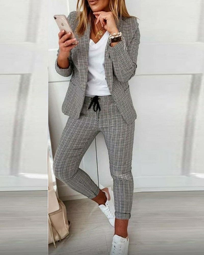 Womens Blazer Set Plaid Long Sleeve Slim Fit Pants - BritishMode