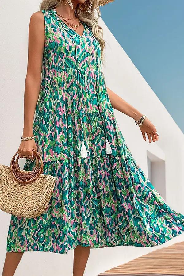 Womens Midi Dress Floral Print Bohemian Style