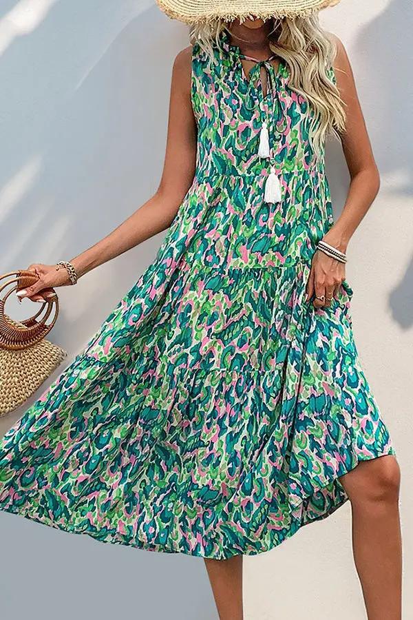 Womens Midi Dress Floral Print Bohemian Style