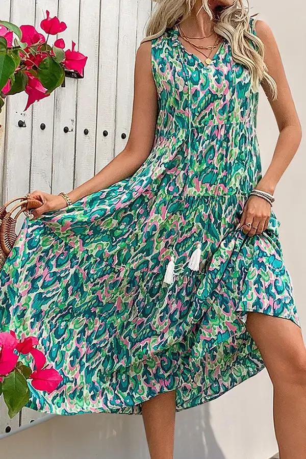 Womens Midi Dress Floral Print Bohemian Style
