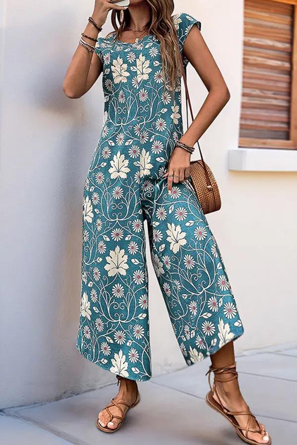 Womens Casual Jumpsuit Floral Print Relaxed Fit - BritishMode