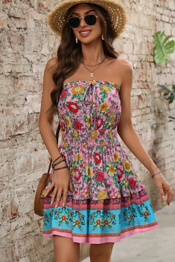 Womens Mini Dress with Bohemia Print Bandeau and Ruffle Hem - BritishMode