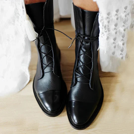 Womens Mid-Calf Ankle Boots Lace-Up Leather - BritishMode