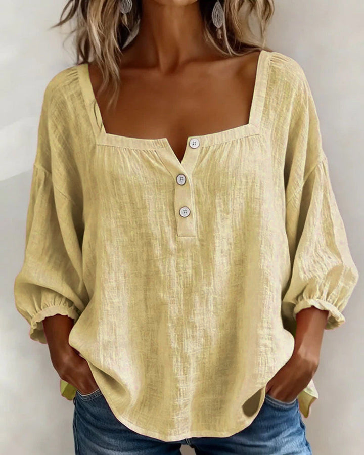Womens Blouse Square Neck Puff Sleeve Button Front