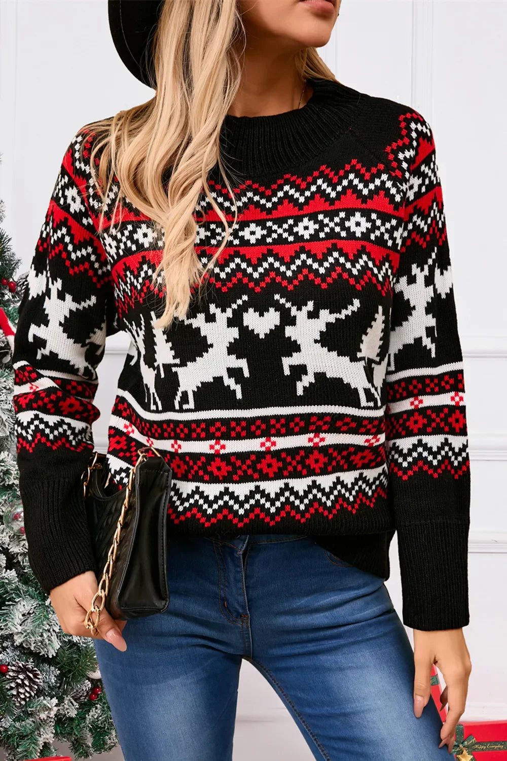 Womens Knit Sweater Reindeer Pattern Crewneck