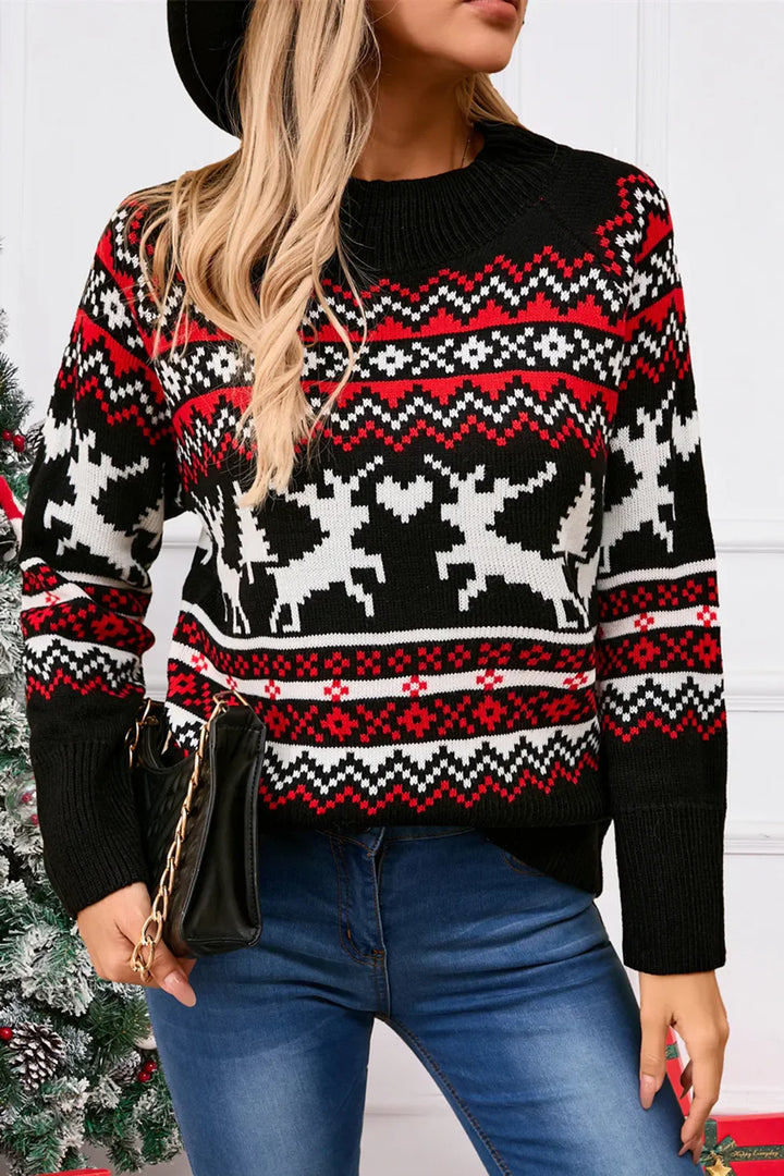 Womens Knit Sweater Reindeer Pattern Crewneck