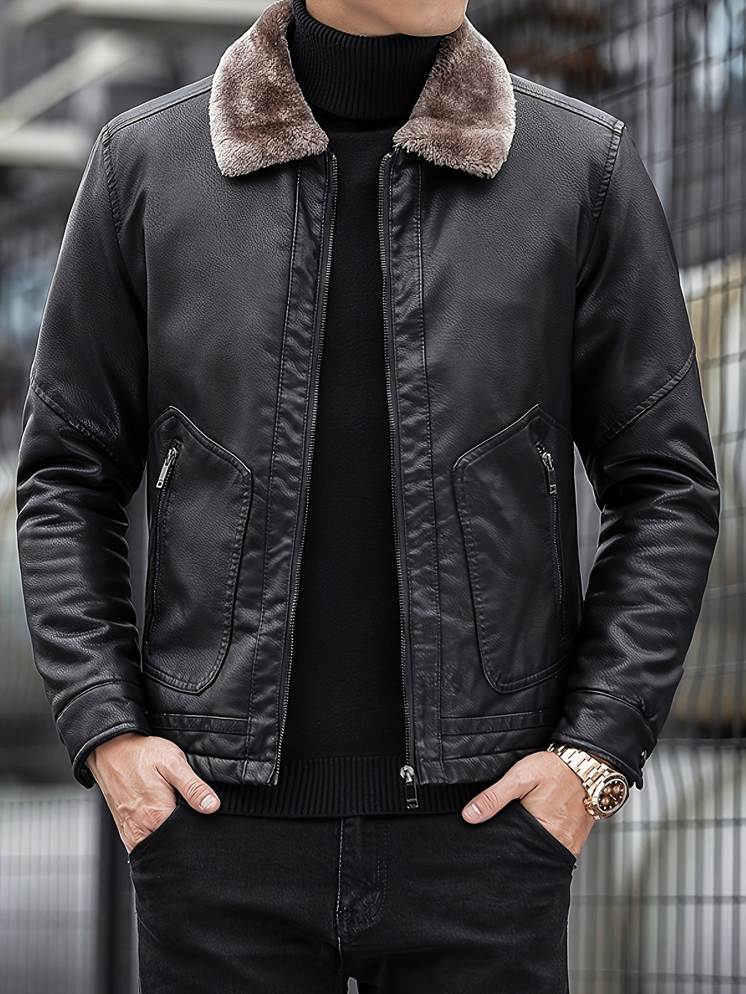 Mens Leather Jacket Waterproof Warm Fleece Lining - BritishMode