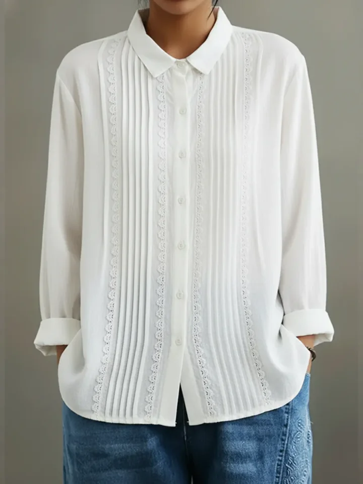 Womens Button-Up Blouse with Lace Trim Long Sleeve - BritishMode