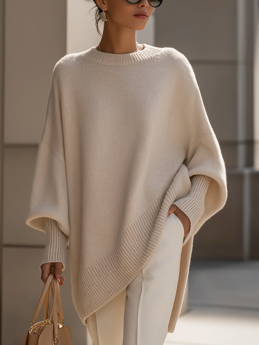 Womens Knit Poncho Sweater Crew Neck Batwing Sleeve Asymmetric - BritishMode