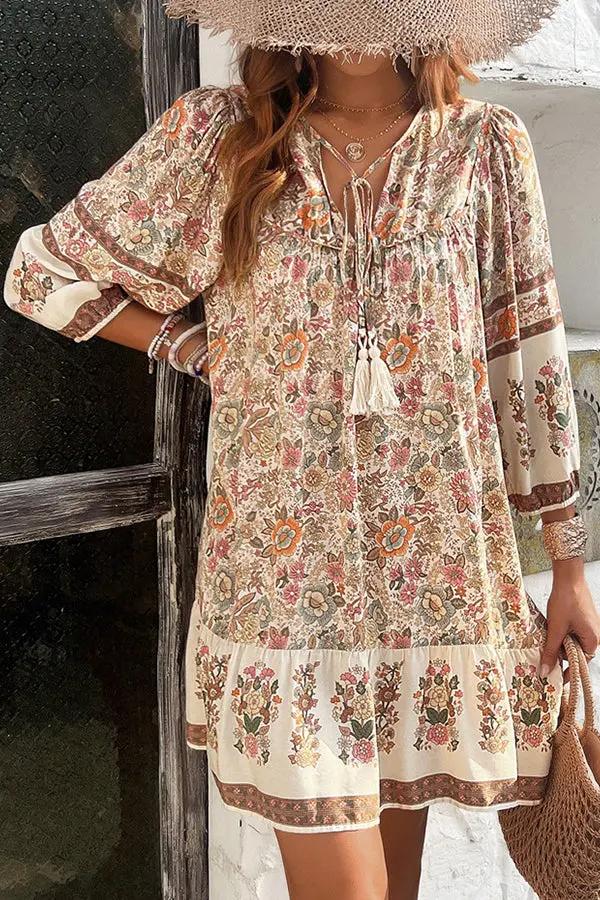 Womens Casual Dress with Bohemia Print V-Neck