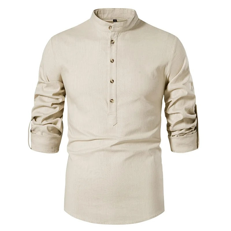 Mens Linen Shirt Stand Collar Classic Fit - BritishMode