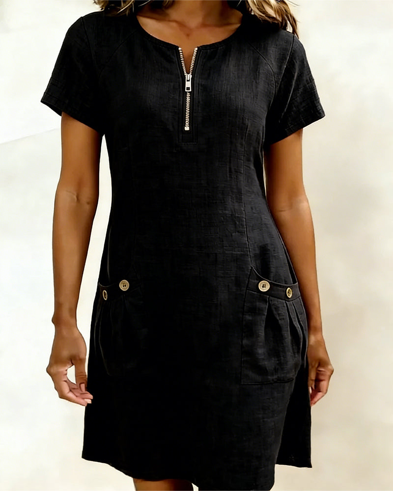 Womens Shift Dress Short Sleeve Zip Neck with Pockets