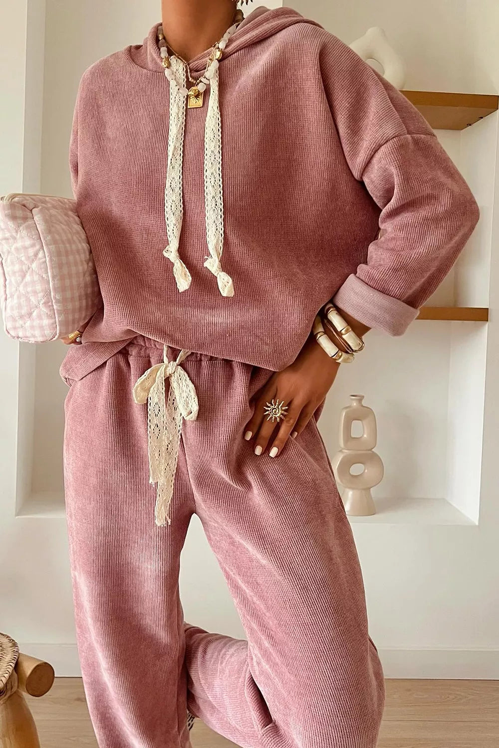 Womens Loungewear Hoodie Set with Crochet Trim Relaxed Fit - BritishMode