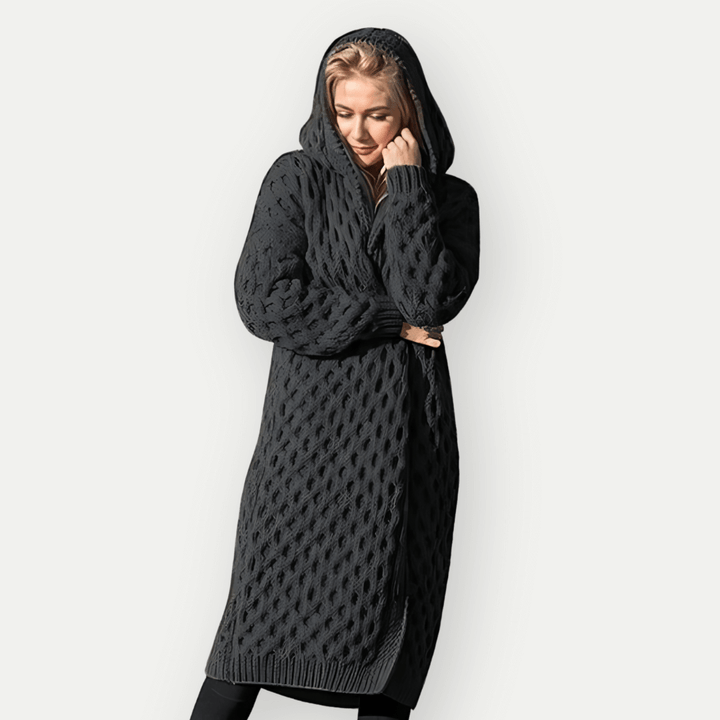 Womens Longline Hooded Cardigan Cable Knit Relaxed Fit - BritishMode
