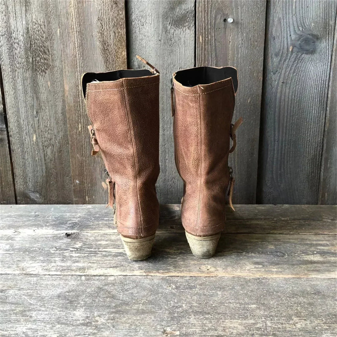 Womens Leather Mid-Calf Boots Zip Closure Block Heel