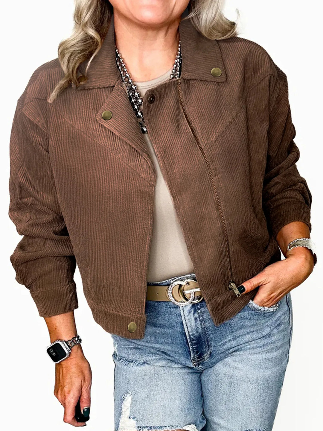 Womens Short Bomber Coat Textured Fabric - BritishMode