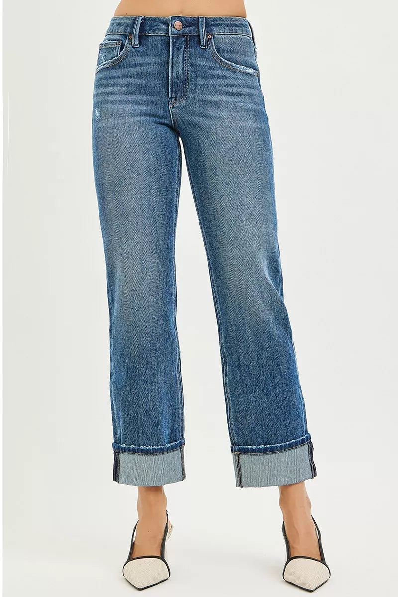 Womens Plus Size Stretch Jeans Comfortable Fit Straight Leg Cuffed