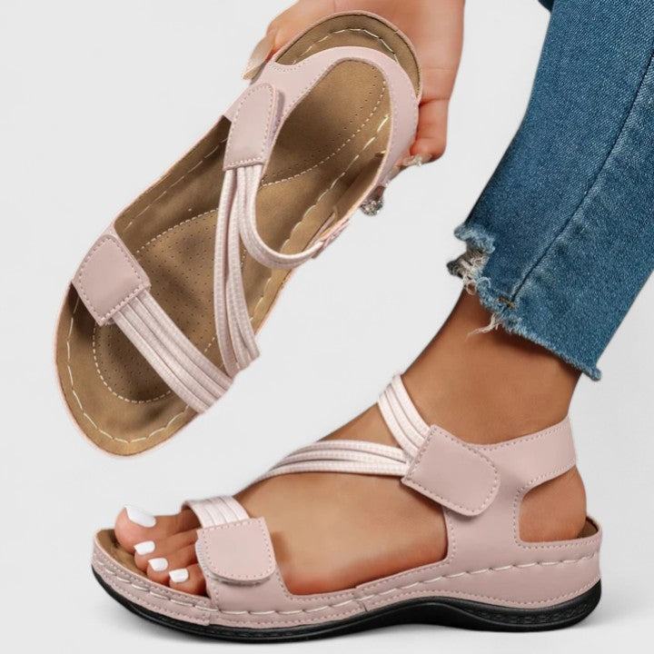 Womens Orthopedic Leather Sandals with Hook and Loop Ankle Strap - BritishMode