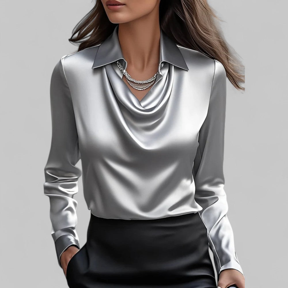 Womens Satin Blouse with Lace Point Collar and Cowl Neck Long Sleeve