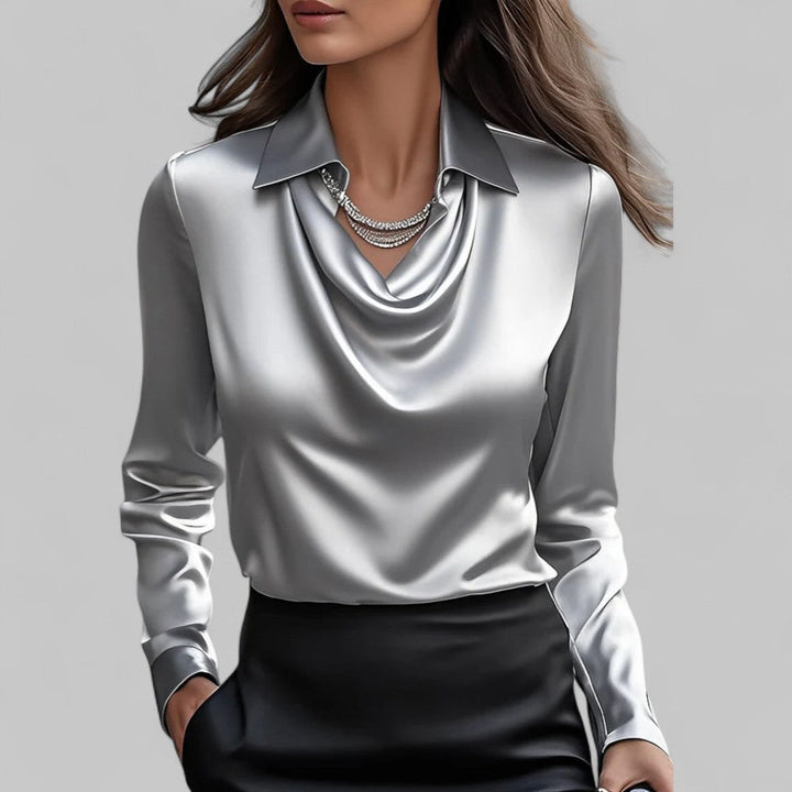 Womens Satin Blouse with Lace Point Collar and Cowl Neck Long Sleeve