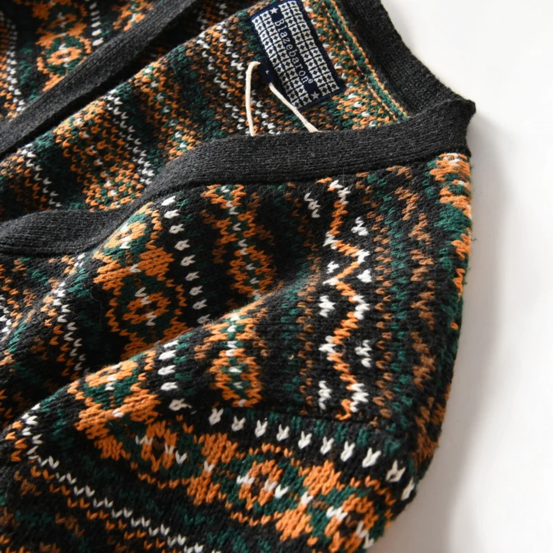 Mens Button-Up Cardigan Nordic Pattern Retro Style