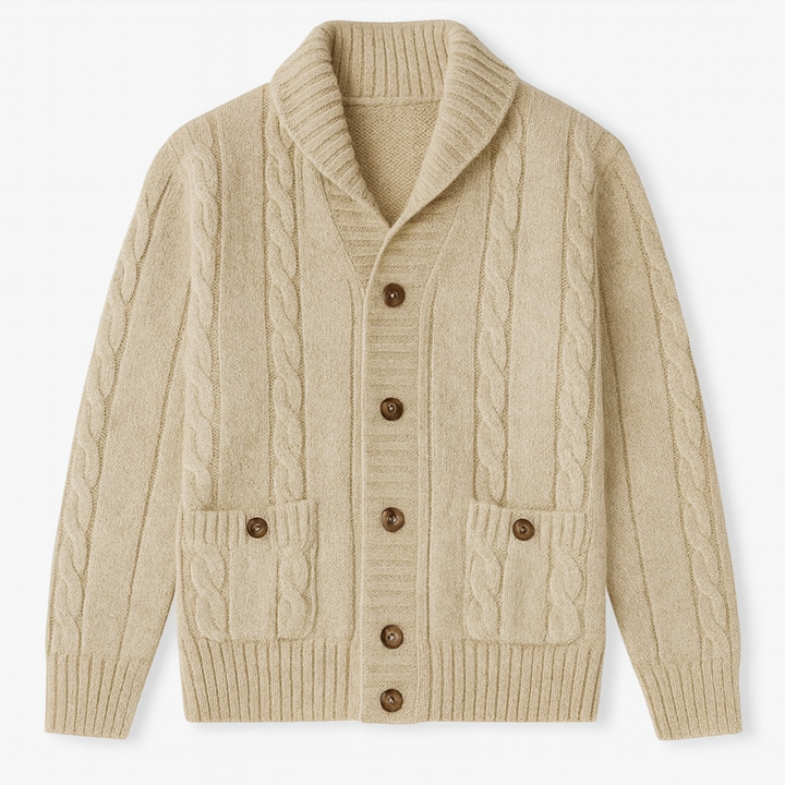 Mens Cable Knit Cardigan with Shawl Collar - BritishMode