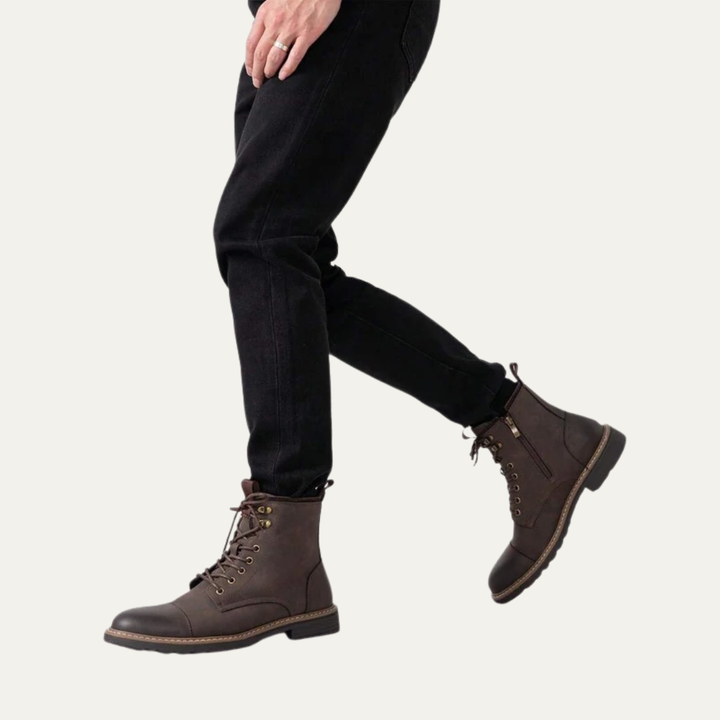 Mens Ankle Boots Leather Cap Toe Lace-Up Combat Style