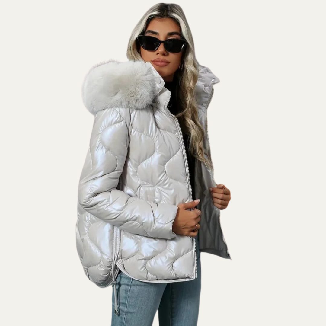 Womens Quilted Puffer Jacket Metallic Insulated Fit