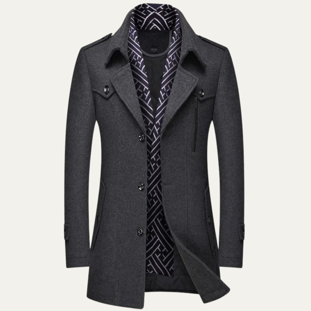 Mens Wool Blend Trench Coat with Lapel Collar Long Fit