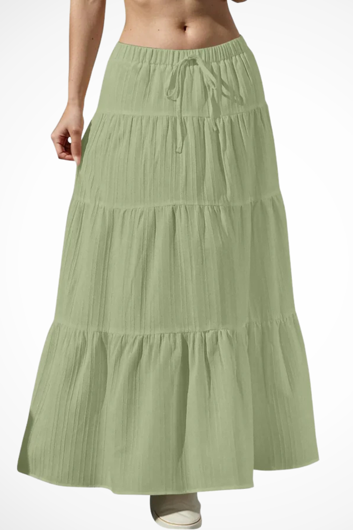 Womens Maxi Skirt Elastic Waist Drawstring Tiered Boho Style