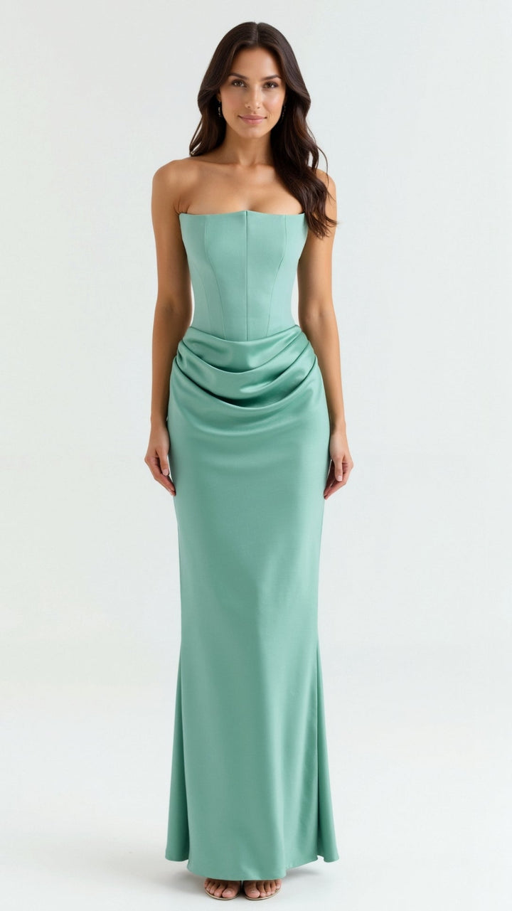 Womens Strapless Satin Maxi Dress Ruched