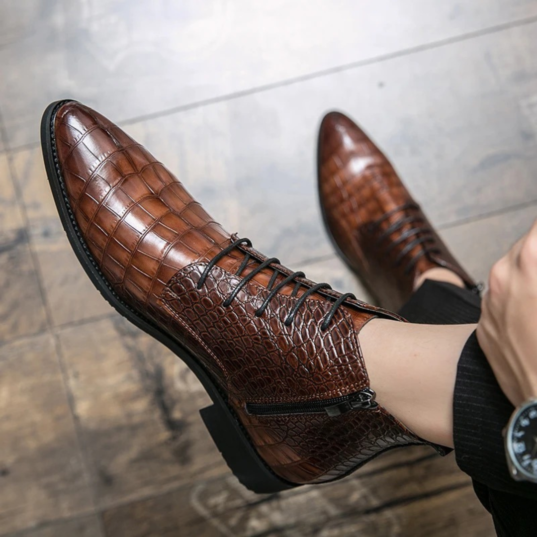 Mens Leather Ankle Boots Crocodile Pattern Classic Fit